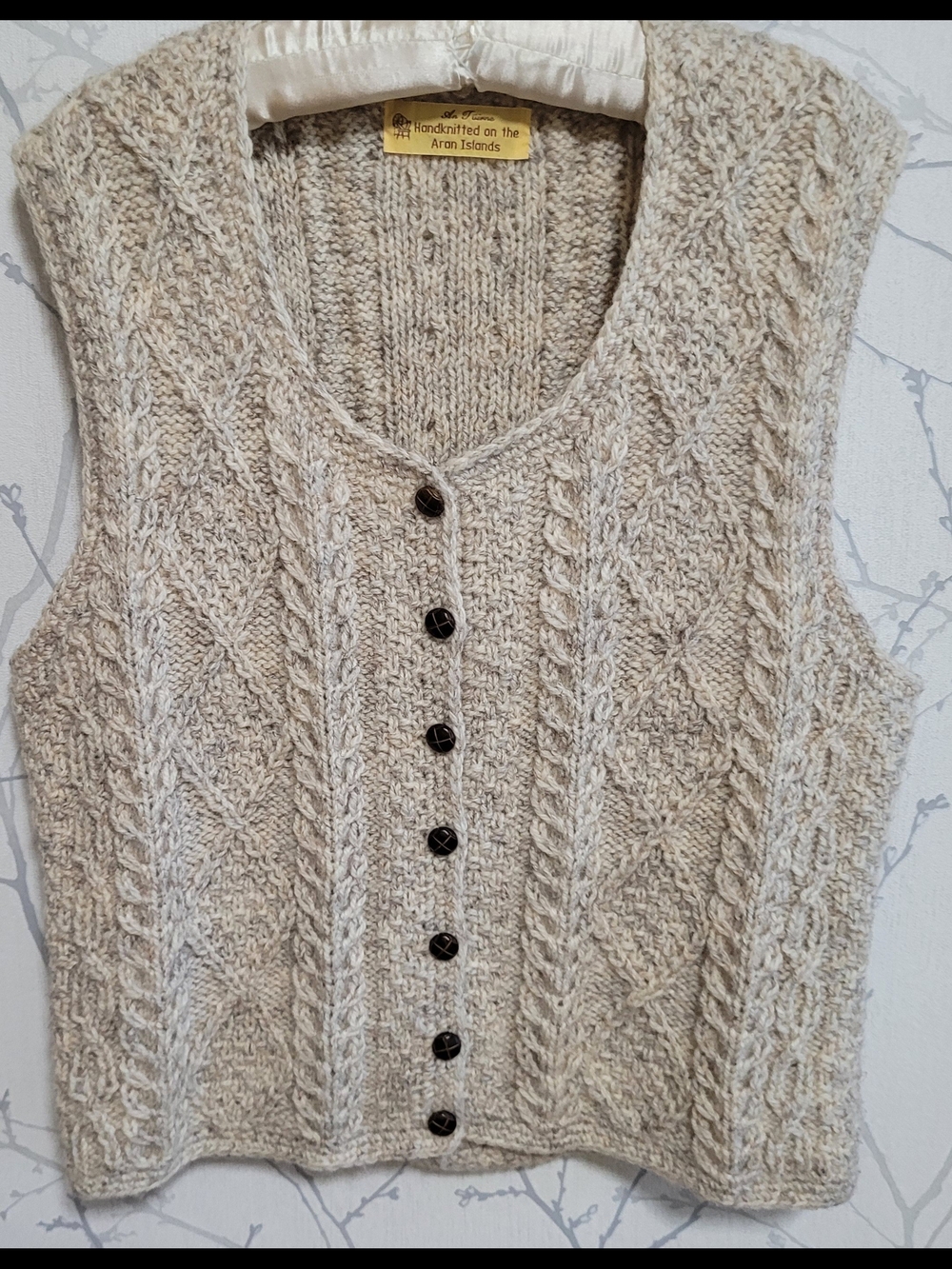 Handknit Aran Cable Knit Buttoned Vest in Cream